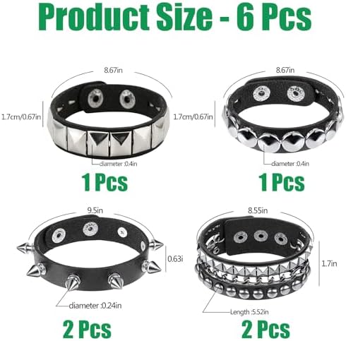 Punk Armband für Männer Frauen-Goth Schwarz Ler Armband mit Metall Spike Nieten-Spike Nieten Manschette Armband Einstellbar  36