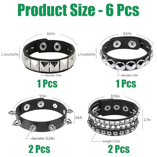 YNR Lot de 6 bracelets en cuir noir punk rock, bracelets gothiques des années 80 à pointes cloutées, style punk rock vintage pour homme et femme, accessoires steampunk des années 80 – vue 2
