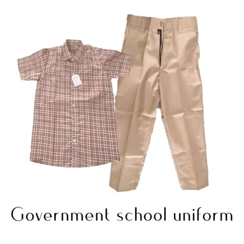 Image of Boys School Uniform Half Sleeve Checked Shirt with Pants Set - Comfortable Cotton Blend School Wear for Kids