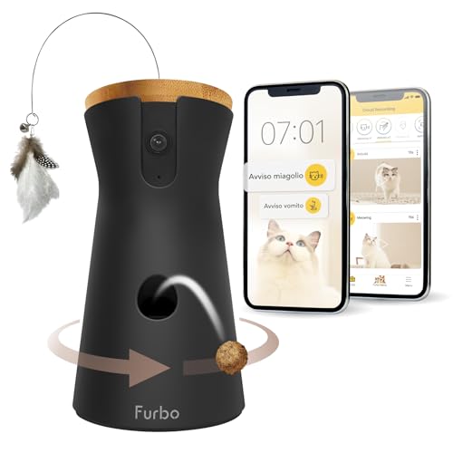 Furbo Videocamera 360° per Gatti con Pacchetto Sicurezza Casa [PREMIUM CON ABBONAMENTO RICHIESTO] Con App, Vista Rotante a 360°, Visione Notturna a Colori, Tracciamento Automatico, Lancio Croccantini