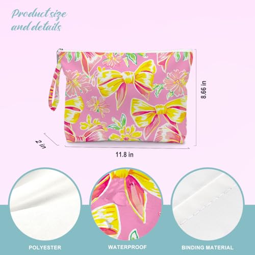 Beach Bags for Women, Beach Towel, Wet Bag Cosmetic Bag, Pool Waterproof Shoulder Tote Bags, Pocket Zipper Summer Travel Essentials, Gifts for Women Birthday - Pink Yellow Bow (3-Piece Set)4