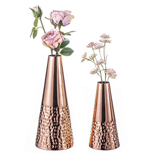 MyGift 7 and 10.5 Inch Copper Tone Metal Tapered Flower Vases with Hammered Pattern, Decorative Vase...
