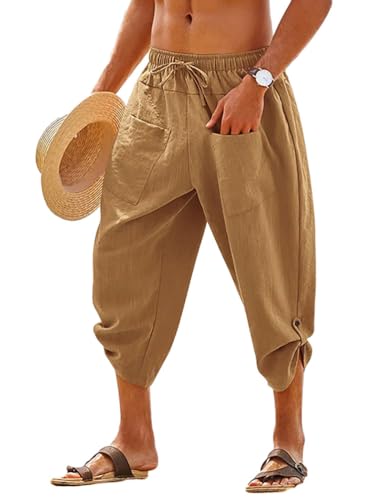 Oanviso Bermuda Homme Short Cargo Pantalon 3/4 Pantacourt Pantalon Été Décontracté Taille Élastiquée Short De Plage avec Poches Pantalon Court Outdoor A Kaki L