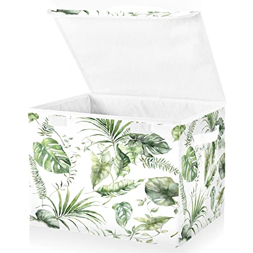 Mnsruu Storage Boxes with Lids, Banana Palm Green Leaf Morandi Large Storage Basket Organizer Shelves Cube Bin Toy Clothes Underbed