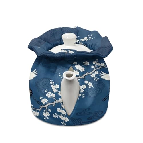 Image of Xoenoiee Cranes White Plum Blossom Pattern Tea Cozy Tea Pot Cover Insulation Tea Cosy Teapot Dust Cover Teapot Warmer for Home Kitchen Teapot Covers
