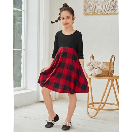 QPANCY Girls Buffalo Check Dress 3/4 Sleeve Christmas Dress Kids Casual Dresses2
