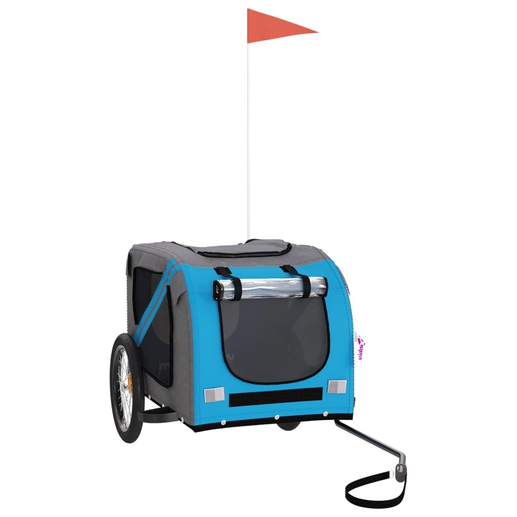 vidaXL Pet Bike Trailer, Pet Cart Carrier for Small Dogs, Pet Bike Trailer with Flag, Dog Bicycle Wagon, Blue and Grey Oxford Fabric and Iron