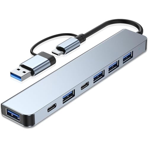 ANYUAN 7-Port USB C Hub - موزع USB 7 منافذ Aluminum Multiport Data Hub Extender SuperSpeed USB 3.1 Splitter for Laptop PC Mouse Keyboard Flash Drive Printer Plug and Play (Silver)