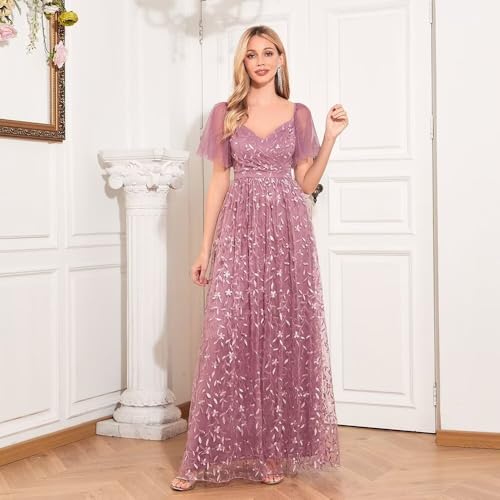 Long Tulle Evening Gowns A Line Floral Appliques Formal Party Dresses for Women Mauve M2