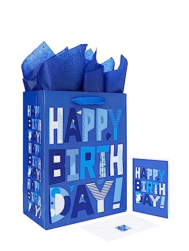 wishinside 13 Large Blue Gift Bags Set with Greeting Card and Tissue Papers (Blue Happy Birthday) for Mens Birthday Party Father Grandpa Kids Parties Baby Boy - 13x10.2x5.2 1 Pcs