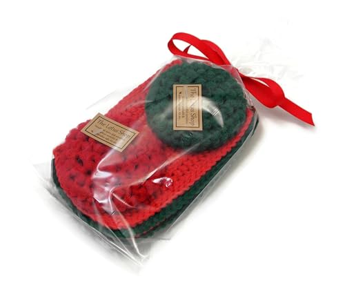 Handmade@ The Lotus Shop Red and Green Christmas Kitchen Gift Set, 2 Nylon Scrubbies and 4-4 inch x 7 inch Cotton Dishcloths