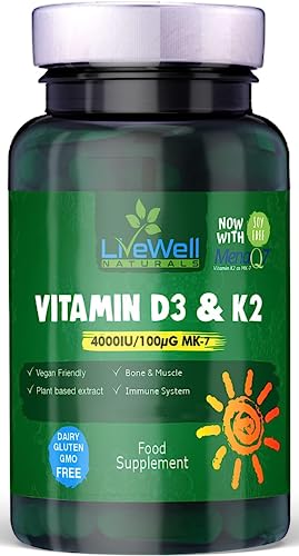 Vegan Vitamin D3 4000iu and Vitamin K2 MK7 100µg High Strength Completely Plant Based 60 Days Supply Vitamin D Vegan Tablets Gluten, GMO & Lanolin Free