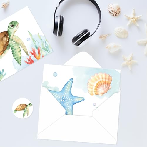 Whaline 30 Pack Watercolor Ocean Greeting Cards Turtle Whale Jellyfish Stationery Cards with Envelopes Stickers Summer Sea Blank Note Cards for Party Invitation Supplies, 4 x 6 Inch