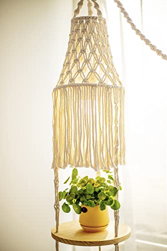 Macrame Plant Hanger Shelf Hanging Rope Shelf Indoor With Boho Lamp Shade 3 Tier Floating Round Shelves Decorative Shelf Flower Pot Holder Planter Display Rack Boho Home Decor. Ceiling Mount /77" #TOP4