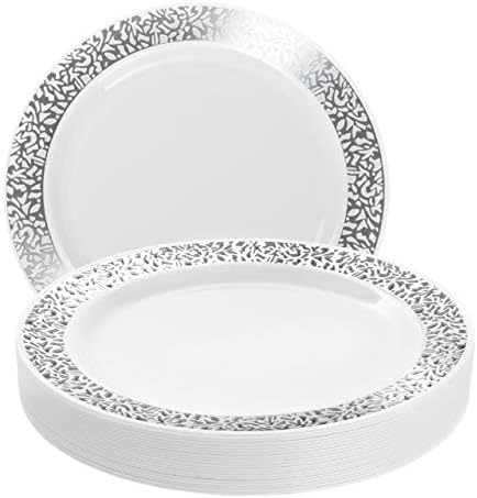 MATANA - 20 Premium Multi-use Plastic Dinner Plate Set with Silver Lace Detail Rim, 26cm Dinner Party Plates