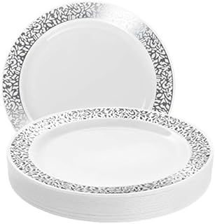 MATANA - 20 Premium Multi-use Plastic Dinner Plate Set with Silver Lace Detail Rim, 26cm Dinner Party Plates