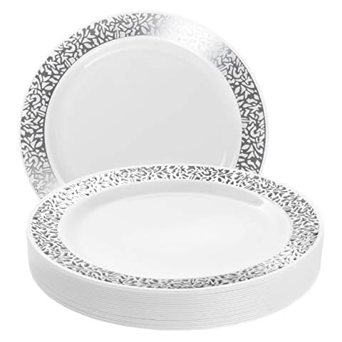 MATANA 20 Platos de Plástico Blanco con Borde Plateado Cover