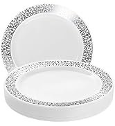 MATANA 20pc Elegant Sliver Plastic Plates with White & Silver Lace Trim 10.25' Inch - Multi-use D...