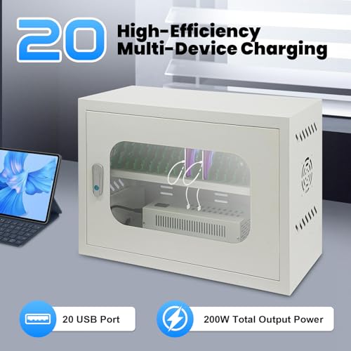 Image of 20-Device Charging Station, Charging Cabinet for Cellphones & Tablet Computers, Rechargeable Cellphone Locker Storage Charging Station, Locking Laptop Storage Box with Cable Management
