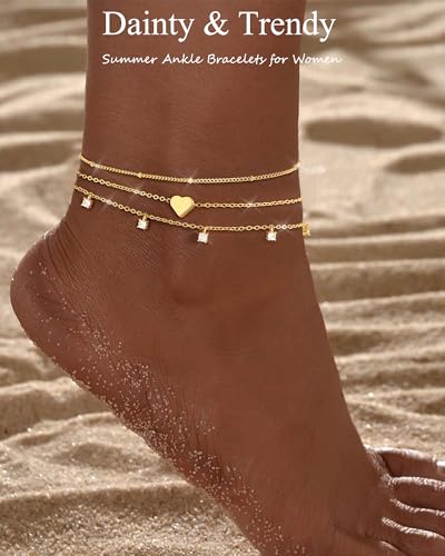 Image of ZHESHY Gold Silver Ankle Bracelets for Women 14K Gold Plated Anklets for Women Waterproof Cuban Link Heart Chain Anklets Set Non Tarnish Dainty Layered Anklet Bracelets for Women Summer Beach Jewelry
