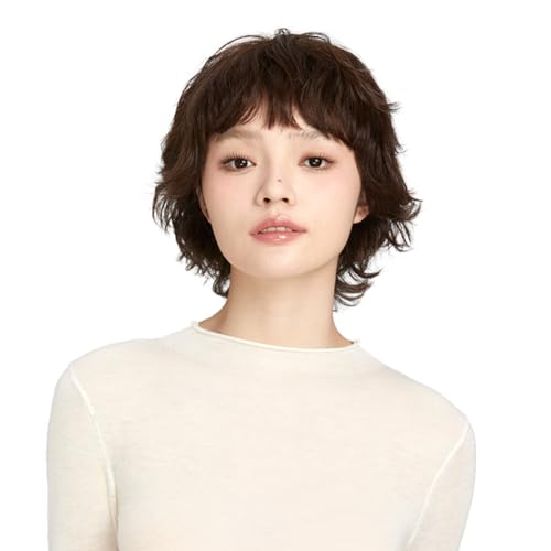 Rebecca Youth ウィッグ ボブ レディース フルウィッグ 女装 人毛 黒髪 日本風 ショートカール 立体感あり ふんわり自然 茶黒色 頭頂部渦巻き加工 (ブラックブラウン, 25CM)