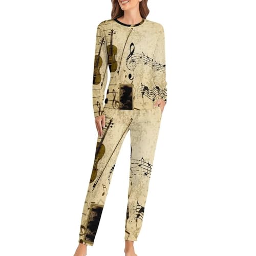 Pyjama femme notes de musique rétro ensemble de nuit élégant en maille douce de qualité