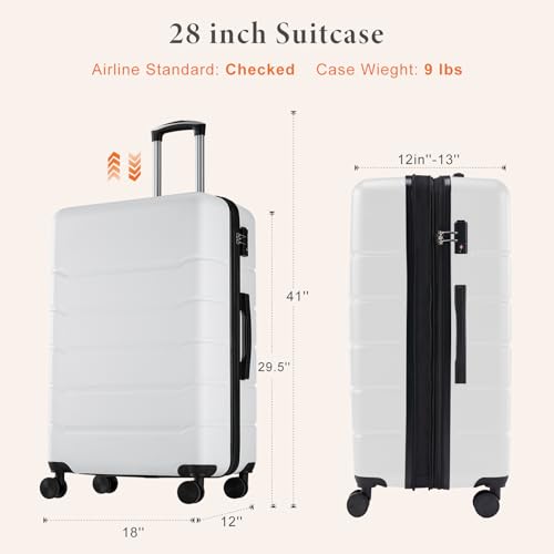 Image of Sweetcrispy 28 Inch Checked Luggage, ABS Lightweight Rolling Hard Shell Suitcase with Smooth Spinner Wheels, Built-in TSA Lock, Durable Travel Suitcase for Business and Vacation Trip, White