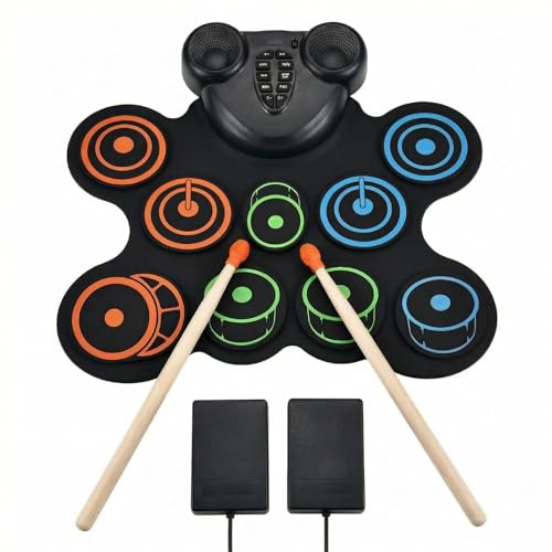 Portable 9-Pad Electronic Drum Set, Foldable Silicone Drum Pad, Rechargeable Drum Kit with Built-in...