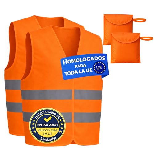 LiveLaif®- 2 Chaleco Reflectante Homologado Naranja + 2 Fundas | Certificados ISO, TallaUnica, Unisex | Chaleco Coche Homologado DGT | Chaleco Running, Trabajo, Chaleco Reflectante Moto (2 Naranjas)