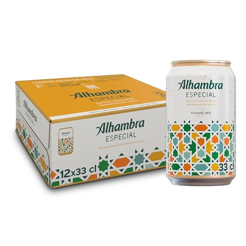 Alhambra Especial, Pack 12 Latas x 33 cl, Cerveza Alhambra Especial de Fermentación Lenta, 5.4% Volumen Alcohol