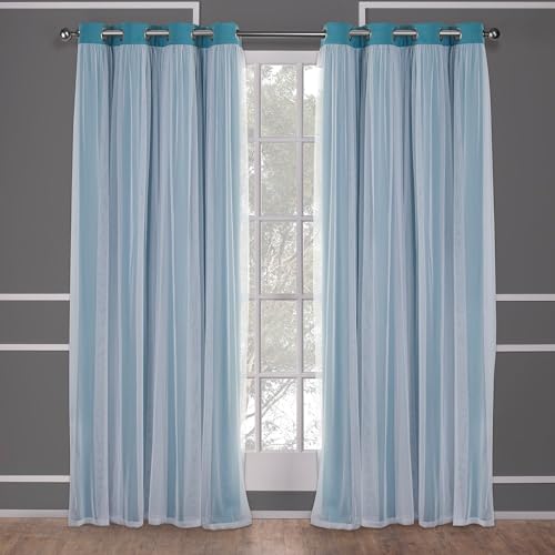 Image of TOWN & COUNTRY LUXE Talia Double Layer Indoor Curtains, Sheer and Room Darkening Blackout, Grommet Top, Energy Efficient, 2-Pack Set, 52 inchx120 inch, Turquoise
