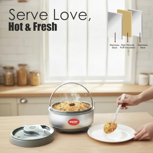 Image of BALTRA Inner Stainless Steel Thermoware Casserole Set with Lid for Roti /Chapati | (1000ml, 1500ml) Insulated Hot Pot for Hot Meal /Chapati /Curry Set /Biryani | Serving Bowl with Lid (Cherish Set of 2)