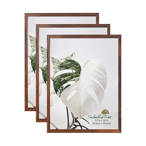Scholartree Wooden Brown 12x16 Picture Frame 3 Pack Poster Frames 12 x 16 without Mat for Wall Horizontal or Vertical Wall Mounting