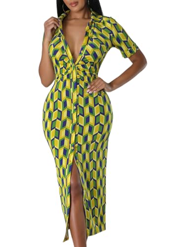 Image of ZERMOM Women's Button Down Shirt Dress Short Sleeve Print Collar V Neck Summer Bodycon Midi Dresses