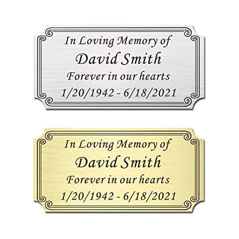 Size: 4"W x 2"H, Custom Elegant Engraved Plate, Personalized Brass or Stainless Steel Engraved Memorial Plate for Frame, Trophy, Flag Case, Urn, with Adhesive Backing or Screws, Notched (Silver, Gold) Cover