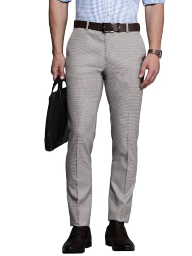 Image of Raymond Men's Slim Fit Mid Rise Polyester Blend Structure Pattern Flat Front Formal Trouser
