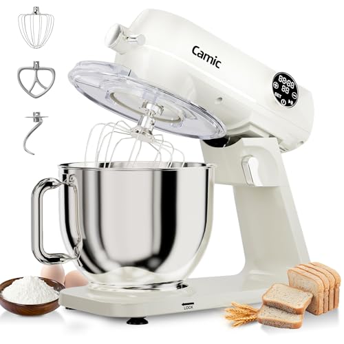 8.45 QT All Metal Stand Mixer,10 Speed Large Capacity Kitchen Mixer with Digital Timer & Tilt-Head, Electric Mixer with Whisk Dough Hook Mixing Beater for Baking,Cakes,Cookie,Bread,Salad (White) by Camic - Used condition - US$110.94