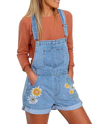 luvamia Women's Casual Adjustable Straps Cuffed Hem Denim Bib Overalls Shorts Romper; Embroidered Blue Jeans Overalls Size X-Large