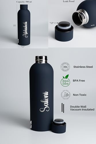 Image of AICA Personalized Name Stainless Steel Water Bottle - 500ml (Navy Blue) |Customized Birthday Anniversary Wedding Marriage Gifts for Men Husband Dad Brother Boyfriend Friends Teenage Boys