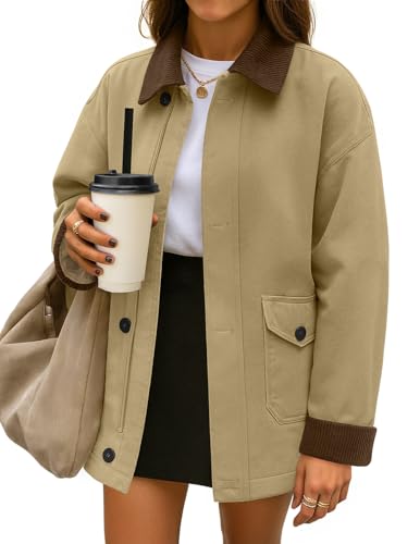 ZESICA Women's Lightweight Trendy Jackets 2025 fall Contrast Collar Button Down Cotton Oversized Casual Cargo Barn Jacket, Khaki, L
