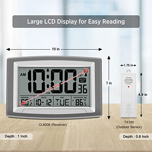 Wallarge Atomic Clock With Outdoor And Indoor Temperature - Self-Setting Alarm Day Digital Clock Large Dispaly,10" Battery Operated Wall Clocks Or Desk Clocks For Bedroom,Livingroom,Office, #TOP1