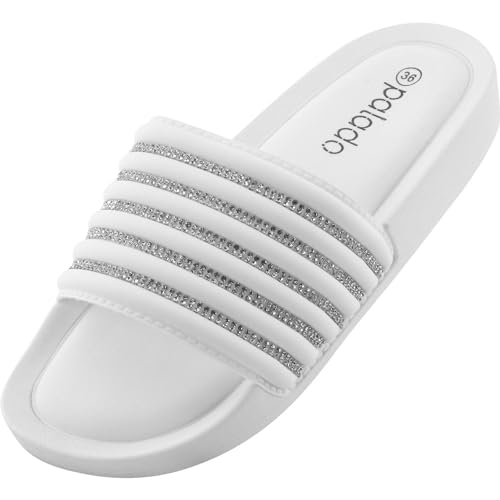 Palado Damen Pantoletten Remmy - Badeschuhe mit Strasssteinen - Plateau...