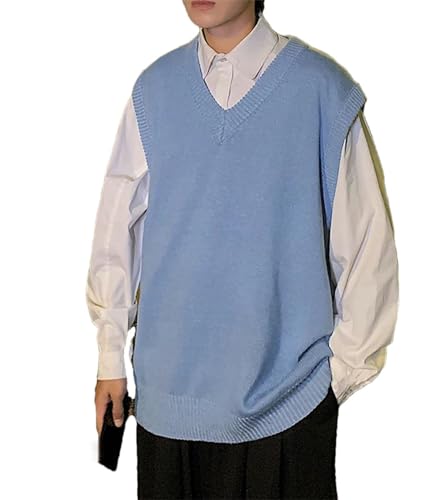 Sweater Vest Men Loose Simple Solid Color Knitted V-Neck All-Match Basic Tops Harajuku Sleeveless Jumpers