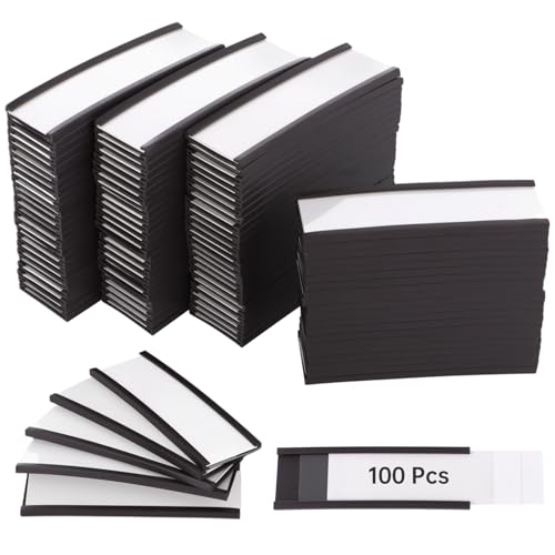 100 supporti magnetici per etichette da 3 x 1 pollici, con inserti in carta e protezione in plastica trasparente, porta carte dati magnetici per armadietto, scaffale in metallo, bianco
