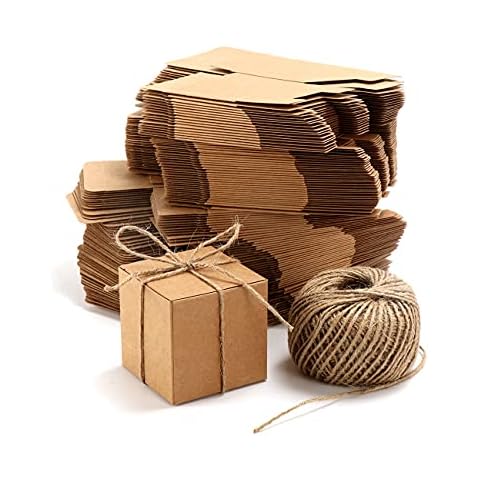 surebuy 100pcs Square Kraft Brown Paper Box with Hemp Rope for Vintage Birthday Party Supplies Gift Wedding Favours Cover