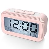 Xoolkly Despertador Digital, Alarma Reloj Despertador Pilas para Infantil Niño Adulto, Despertador de Viaje Silencioso con Pantalla LED Calendario Temperatura Función Snooze Luz Nocturna, Rosa