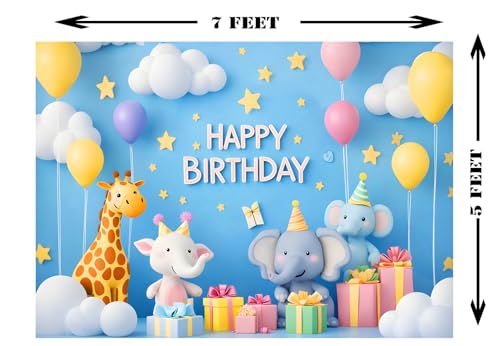 Image of 7x5 Feet Kids Cartoon Animal Happy Birthday Backdrop with Giraffe,Elephant & Balloons Cute Birthday Party Decoration Background for Kids,Baby,Nursery,Cake Table & Photography