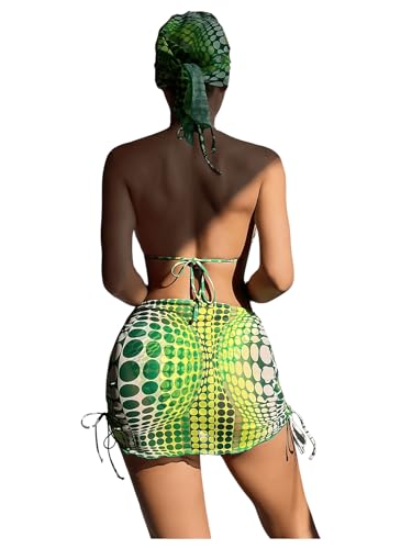Image of RoseSeek Women's 4 Piece Polka Dots Bathing Suits Cover Up Skirt & Bandana