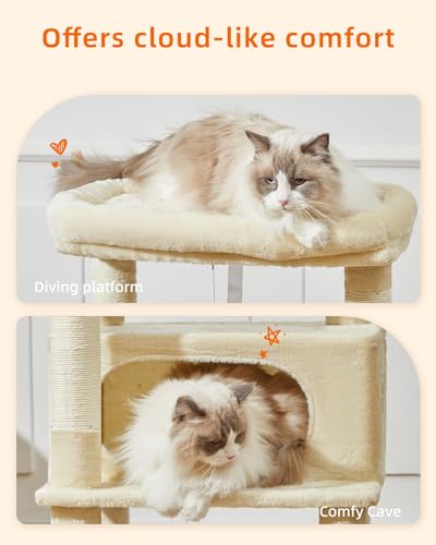 Image of Taoqimiao Cat Tree, 49In Cat Tower for Indoor Cats Large Adult | 2 Luxurious Cat Condos, Thick Padded Top Perch, Adjustable Hanging Baskets, 5 Scratching Sisal Posts, Beige MS029LM