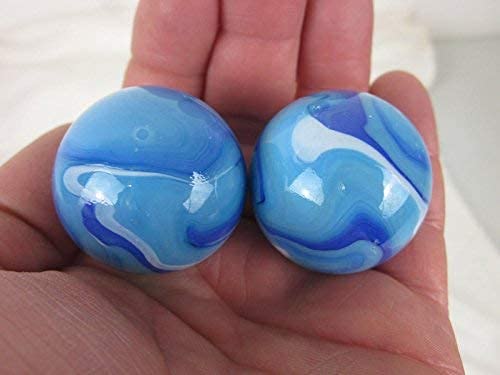 Big Game Toys Set of 2 Dinosaur Egg 35mm Boulder Blue/White Swirl Large Shooter Solid Glass Marbles Home Decor/Vase Filler/Aquarium